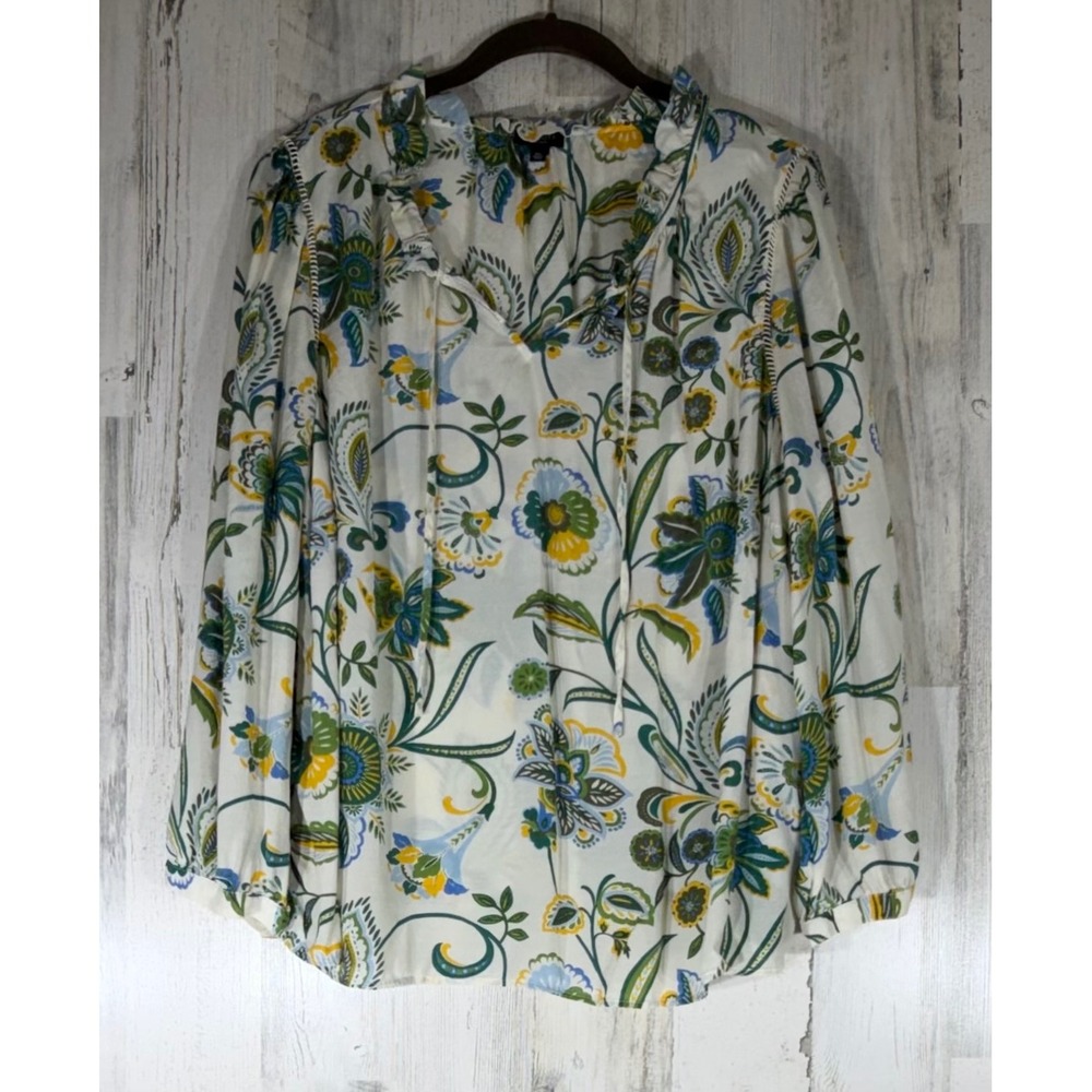 Talbots Blouse 2XP White Green Floral Paisley V-Neck Tie Office Career Cottage
